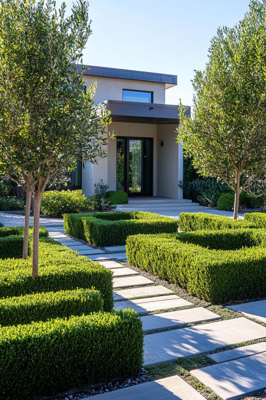 modern house front yard with mixed height bush hedges 2