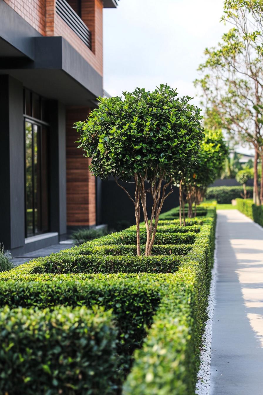 modern house front yard with mixed height bush hedges 3