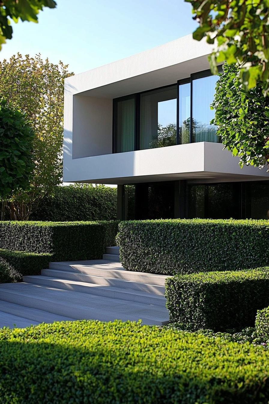 modern house front yard with mixed height bush hedges