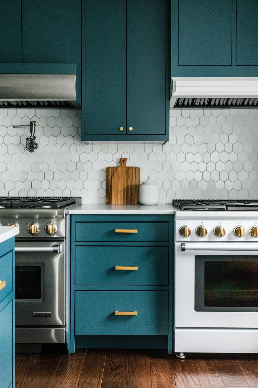 modern kitchen with blue green haze shade cabinets with gilded hardware dark hardwood floor white honeycomb wall tile white appliances