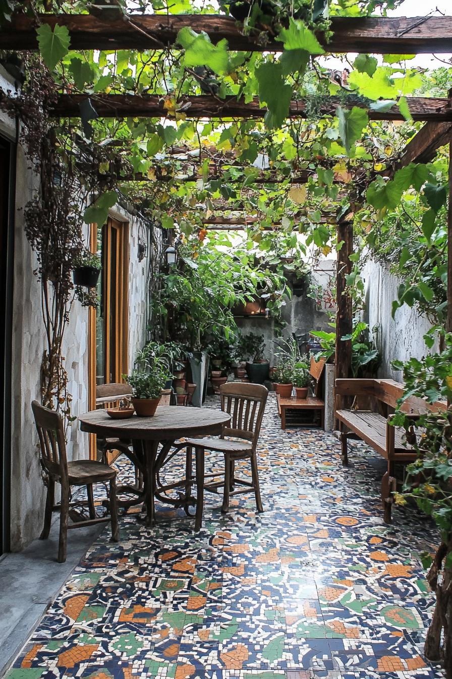 patio with pergola cover with vines wooden furniture mosaic floor tile potted plants 1