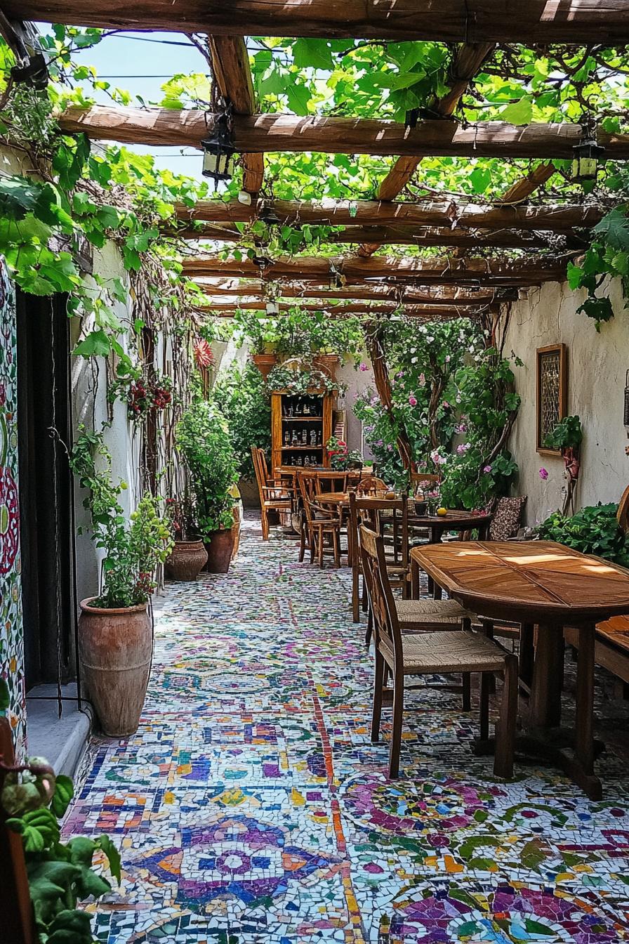 patio with pergola cover with vines wooden furniture mosaic floor tile potted plants