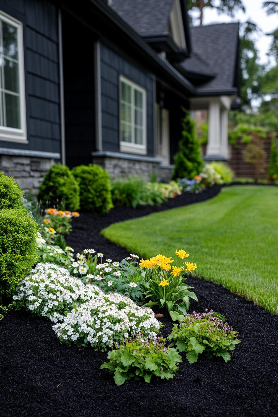 small flower garden in dark mulch in front of a cottage house with cladding the flower garden is a patch in green lawn layd out around a small 1