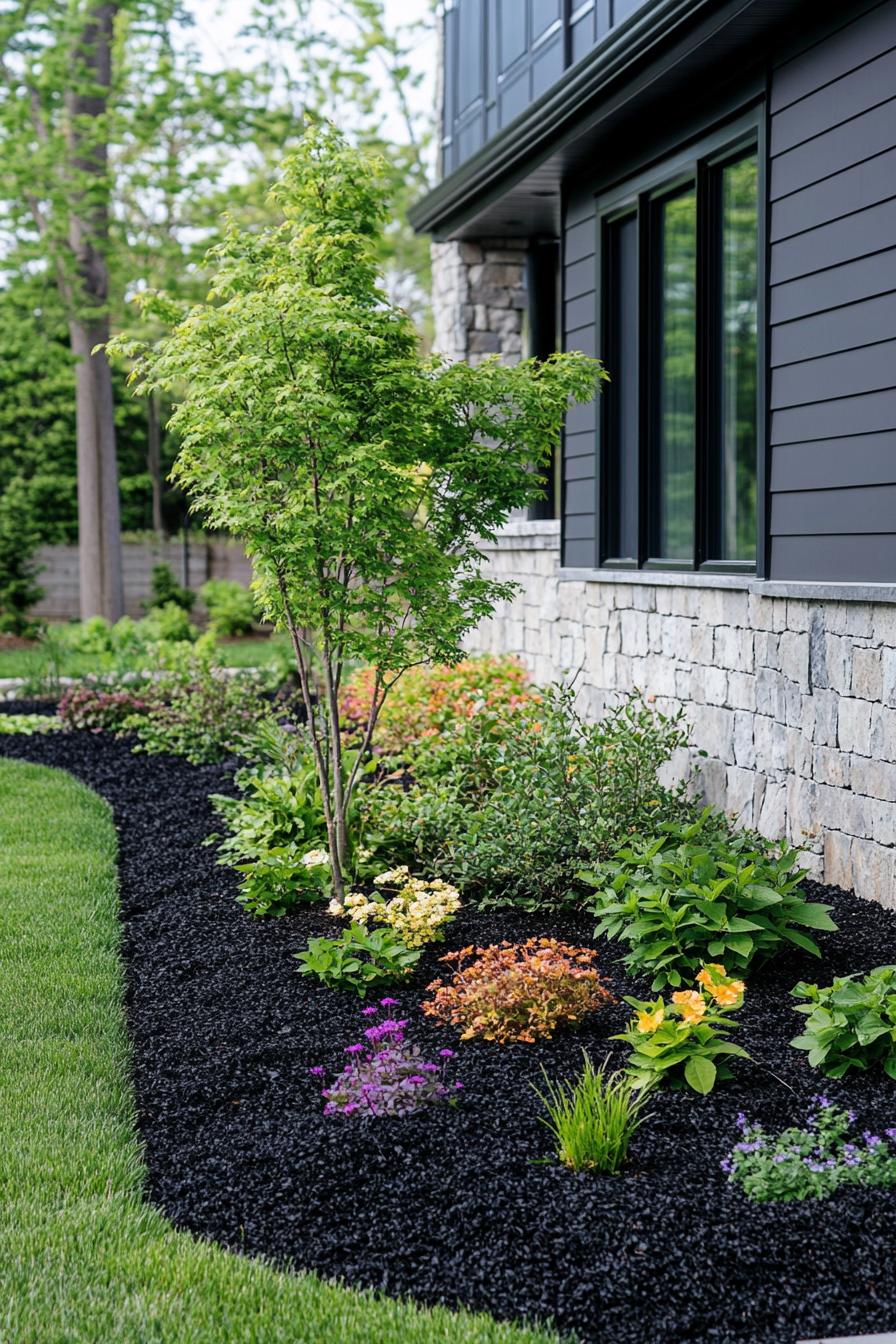 small flower garden in dark mulch in front of a cottage house with cladding the flower garden is a patch in green lawn layd out around a small 2