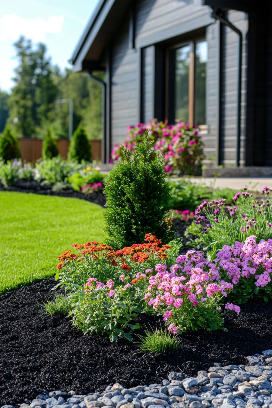 small flower garden in dark mulch in front of a cottage house with cladding the flower garden is a patch in green lawn layd out around a small 3