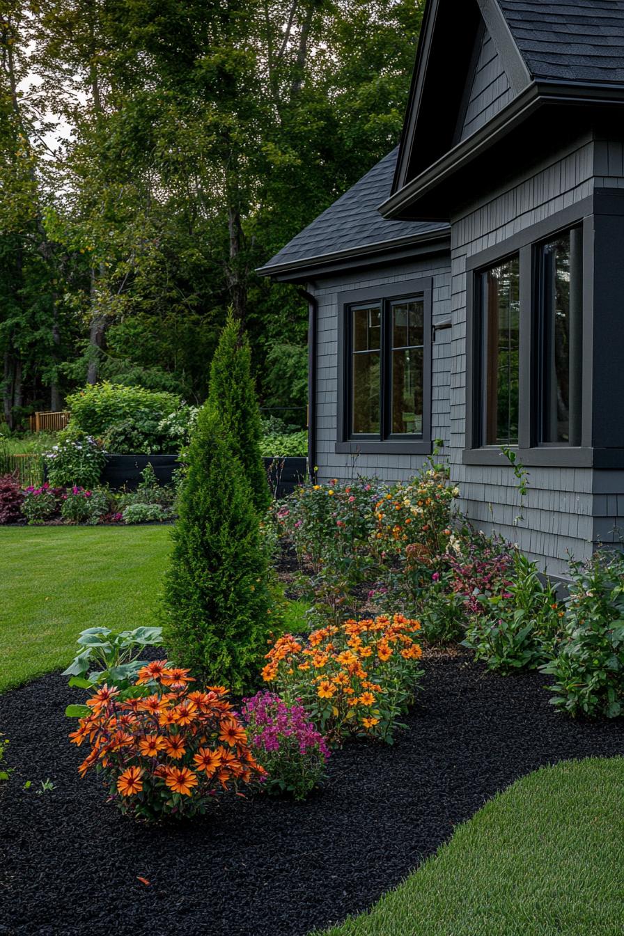 small flower garden in dark mulch in front of a cottage house with cladding the flower garden is a patch in green lawn layd out around a small