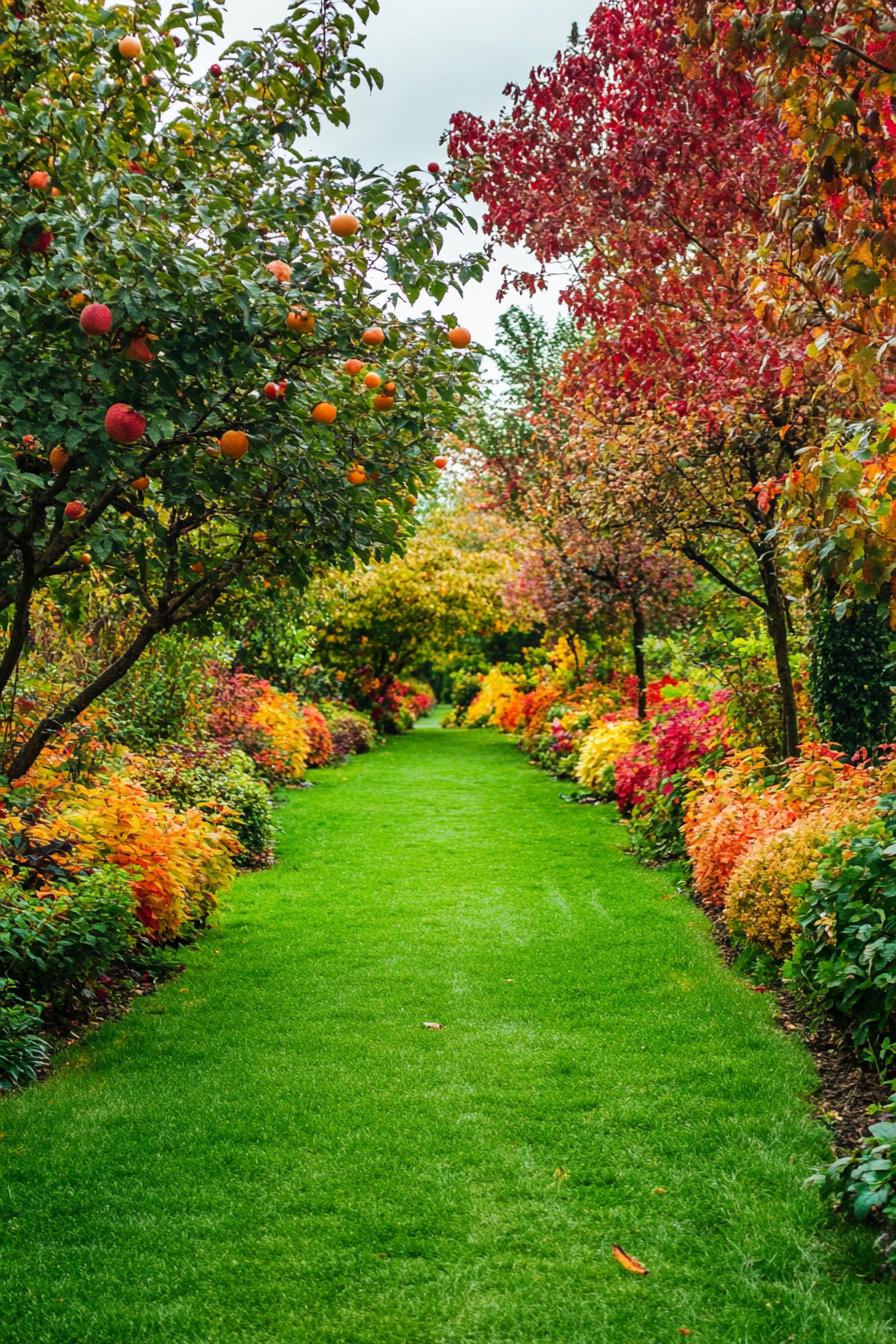 tree orchard garden with lush colorful bushy plants grass path in the middle