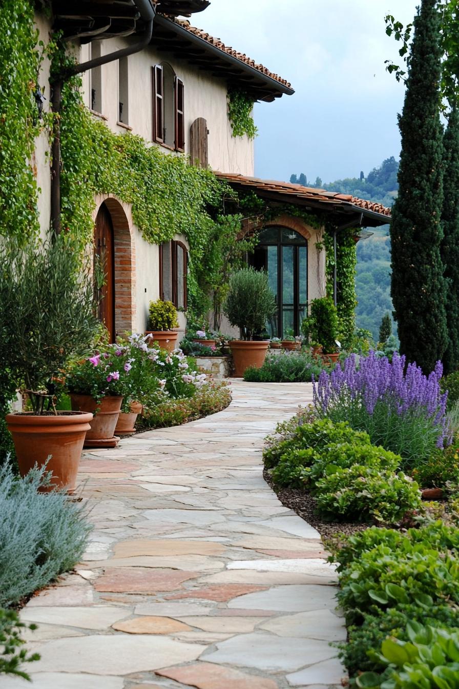 tuscan front yard garden with stone paved path and borders native plants and potted plants a wall of tuscan villa with vines is visible 1