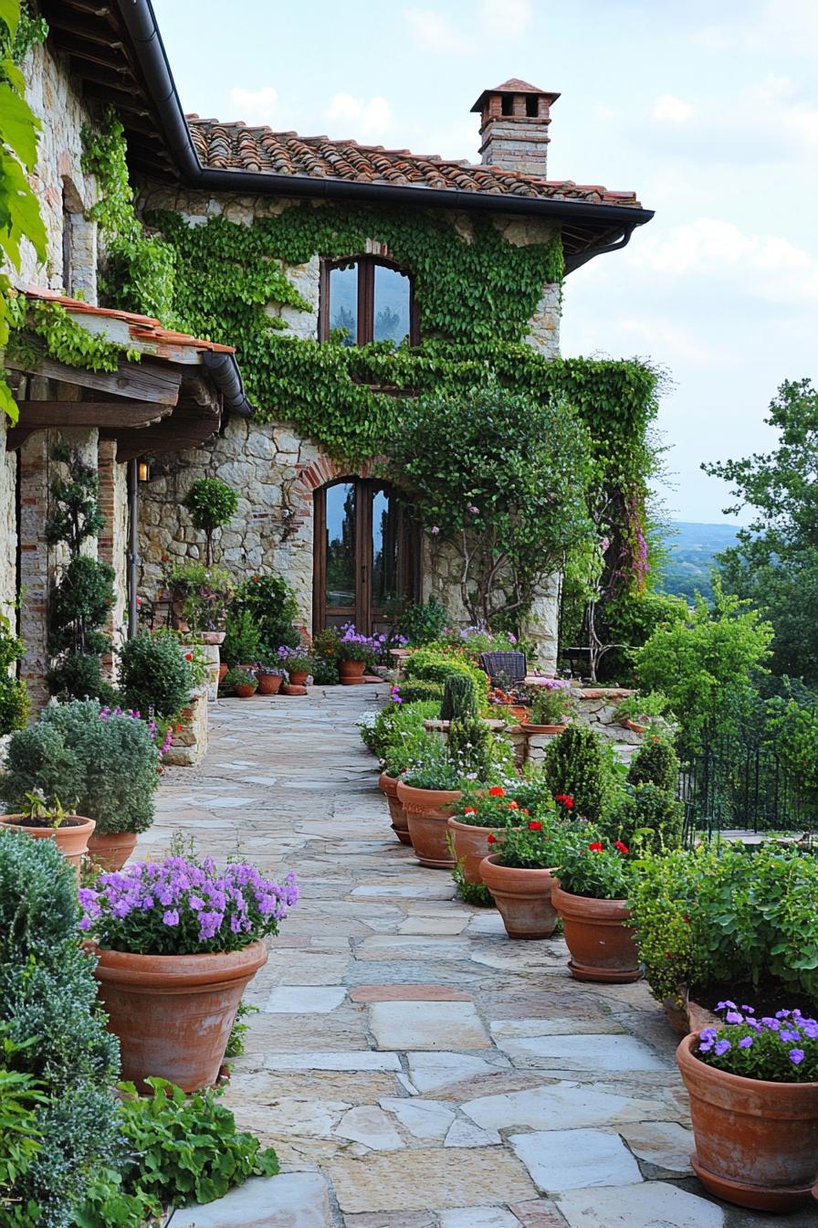 tuscan front yard garden with stone paved path and borders native plants and potted plants a wall of tuscan villa with vines is visible 2