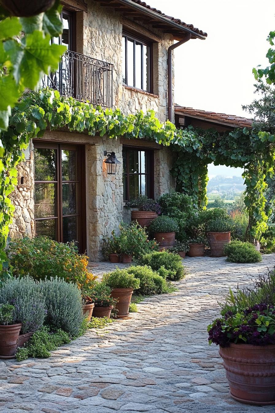 tuscan front yard garden with stone paved path and borders native plants and potted plants a wall of tuscan villa with vines is visible 3