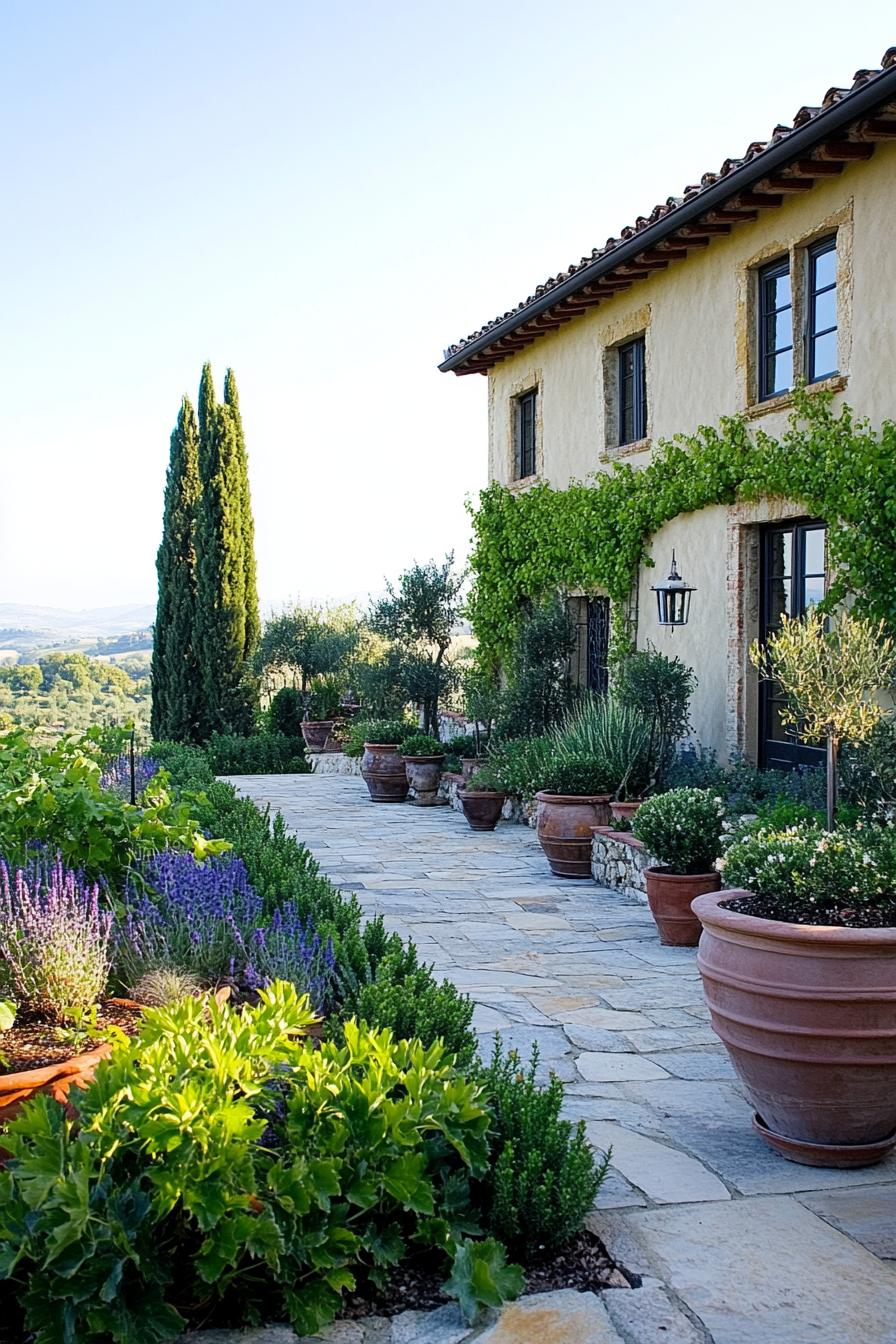 tuscan front yard garden with stone paved path and borders native plants and potted plants a wall of tuscan villa with vines is visible