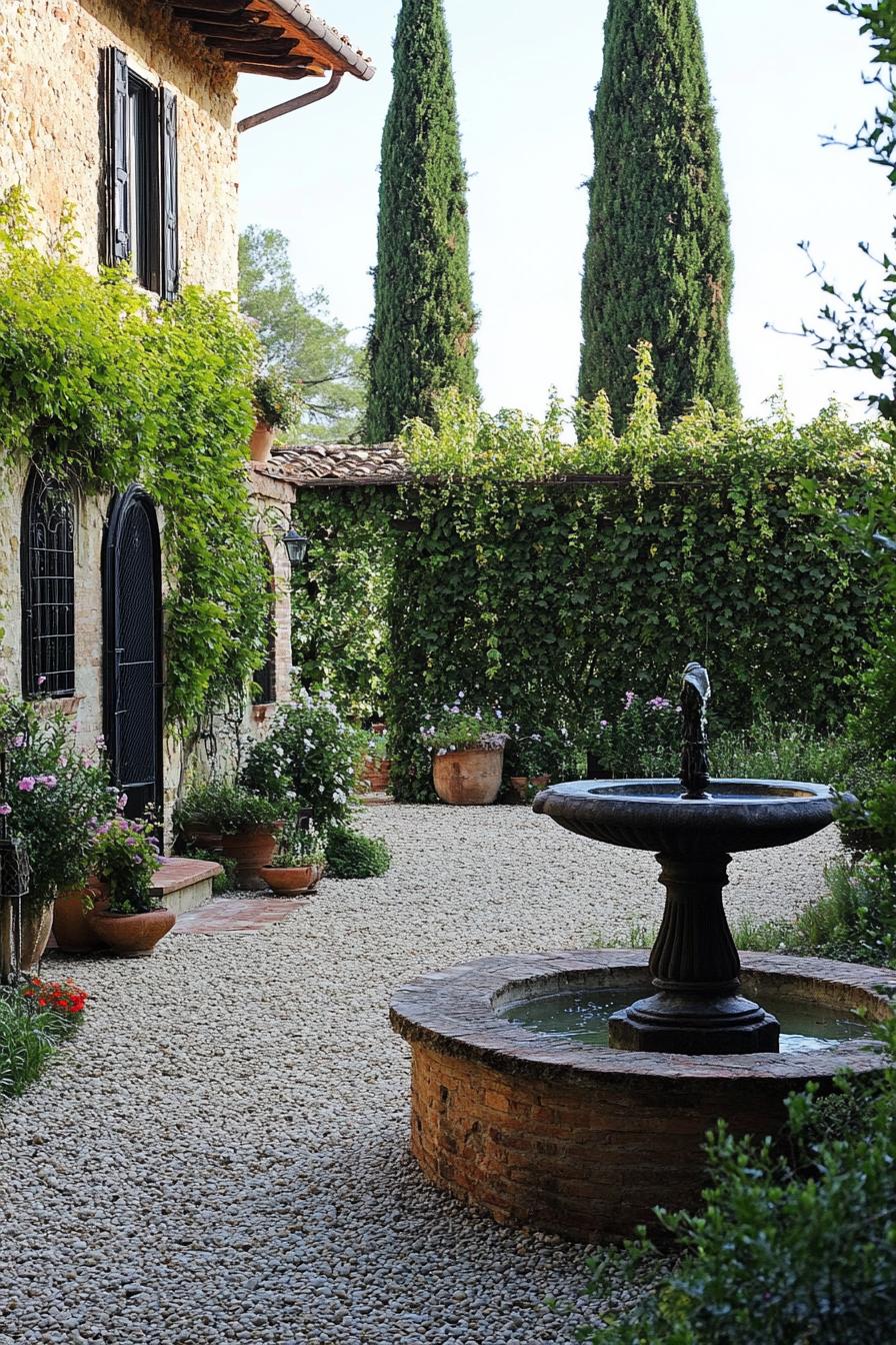 tuscan gravel yard with shrubs trees small fountain house wall with vien climbers