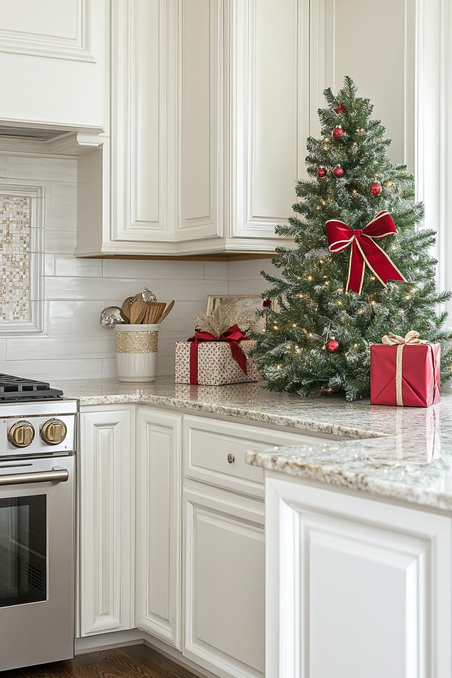 white kitchen cabinets decorated with gift ribbons for Christmas 1