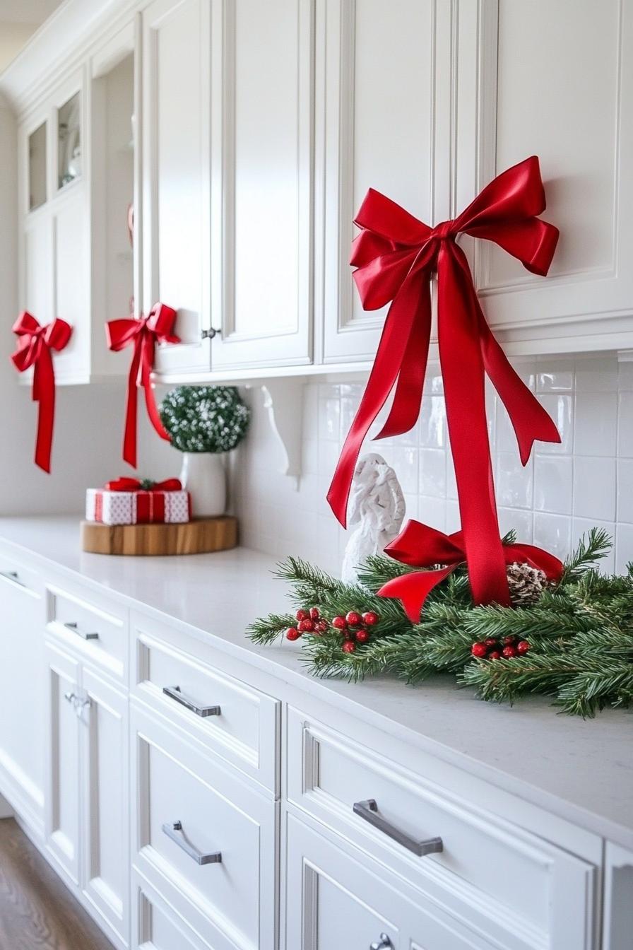 white kitchen cabinets decorated with gift ribbons for Christmas