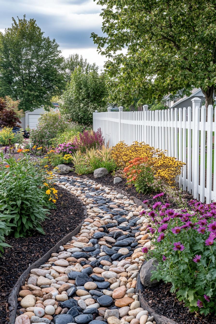 backyard garden fenced with picket fence river rock garden geometric design with mulch and flower bushes ornamental grasses trees 1