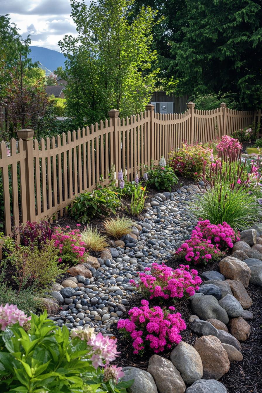 backyard garden fenced with picket fence river rock garden geometric design with mulch and flower bushes ornamental grasses trees