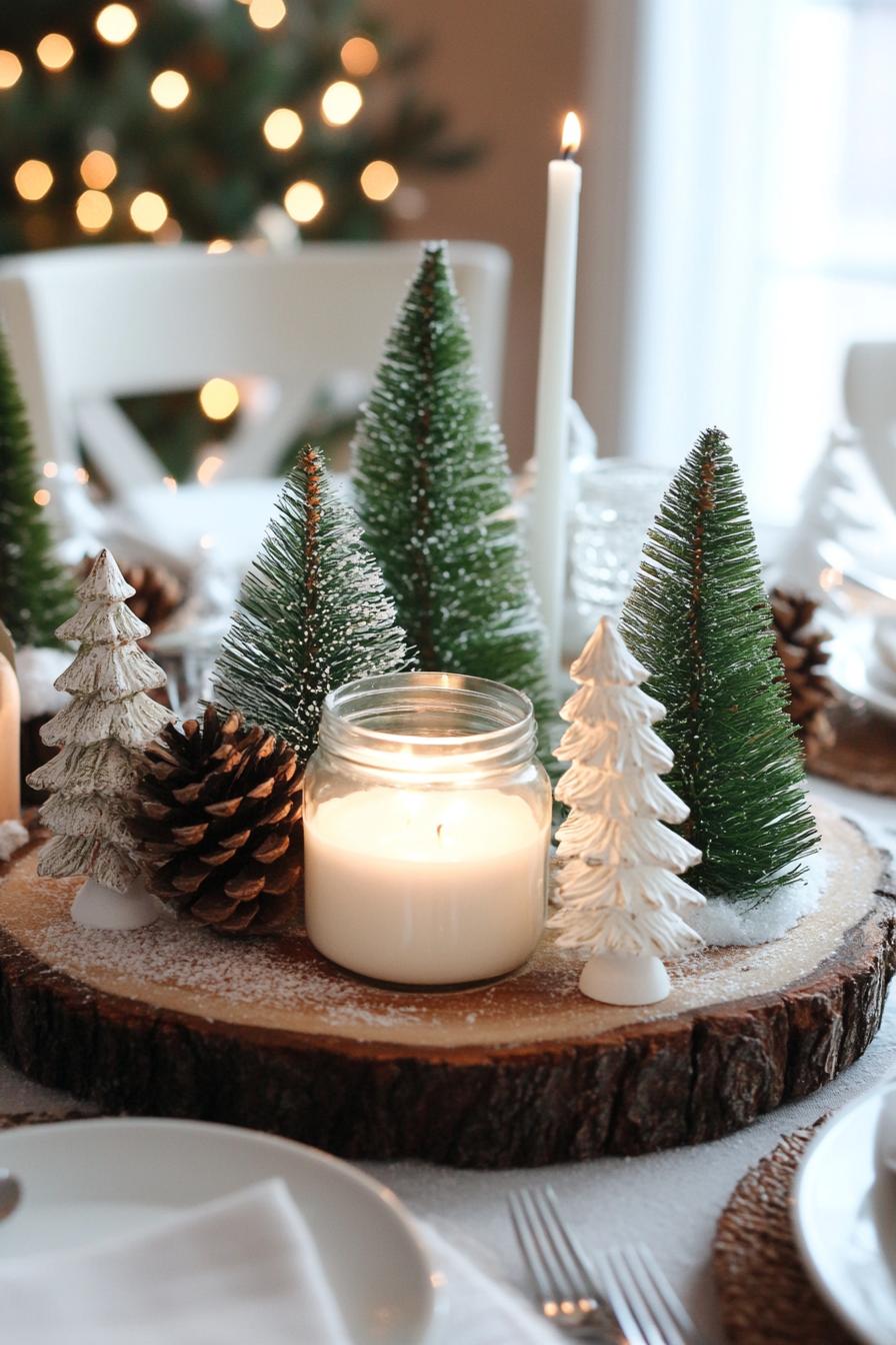 christmas table centerpiece with pines in a jar white faux tiny christmas trees scented jar candle all on a slice of wood trunk 1