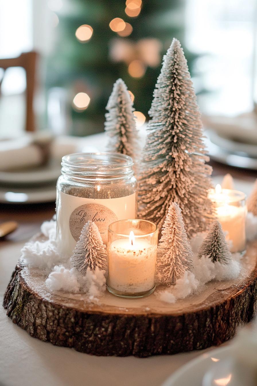 christmas table centerpiece with pines in a jar white faux tiny christmas trees scented jar candle all on a slice of wood trunk