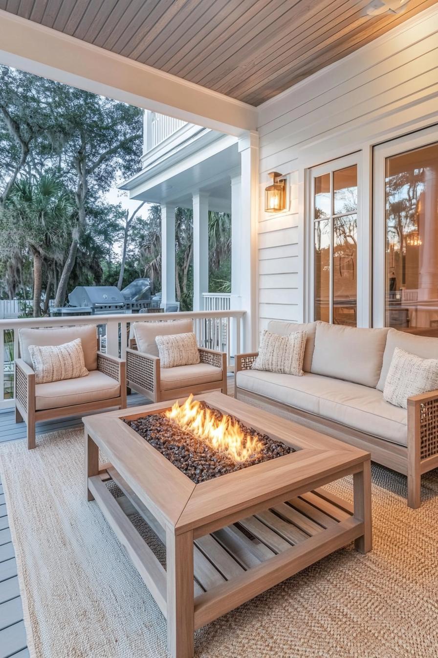 clapboard siding house porch with wood stain furniture area rug woven lighting coffee table with built in gas firepit 1