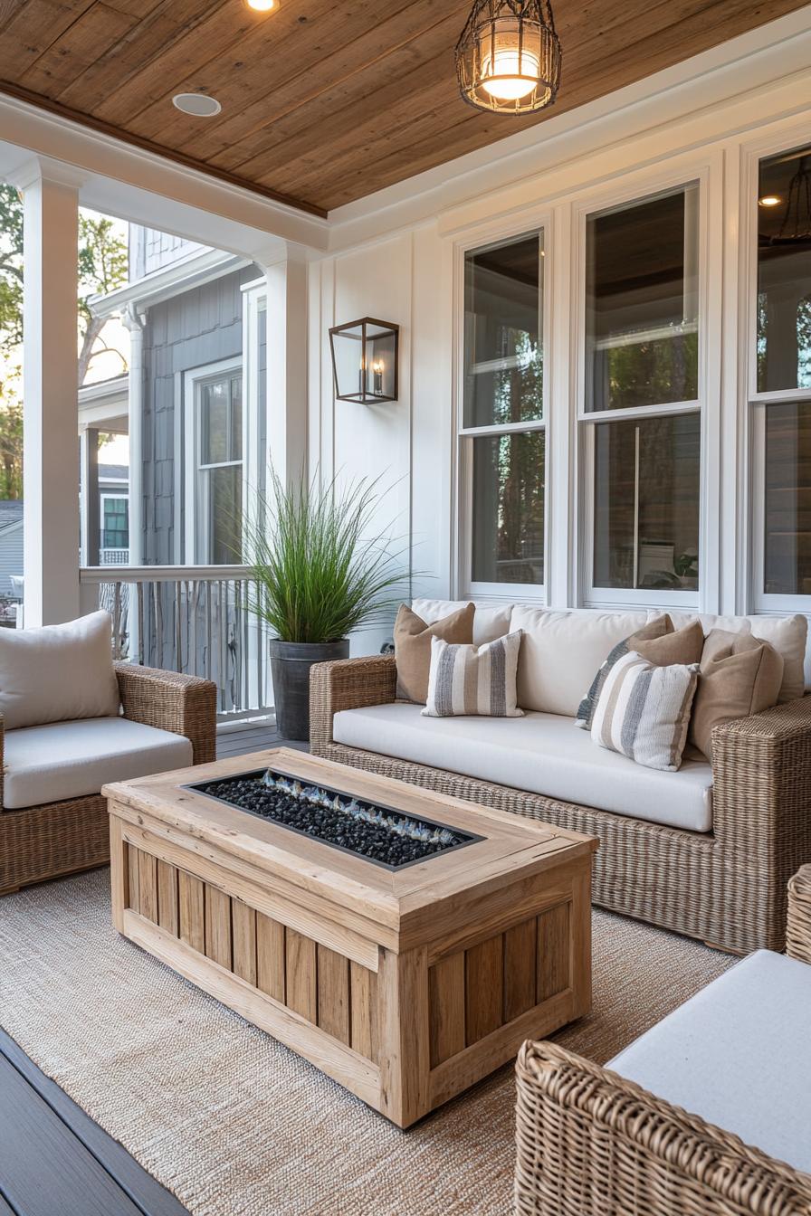 clapboard siding house porch with wood stain furniture area rug woven lighting coffee table with built in gas firepit