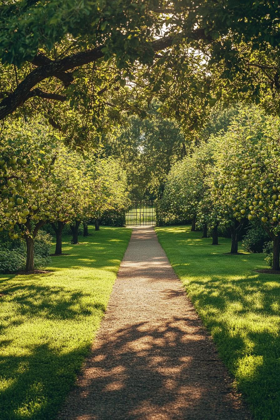 garden orchard with a paved path in the middle leading to a gate apple trees lining the path 1