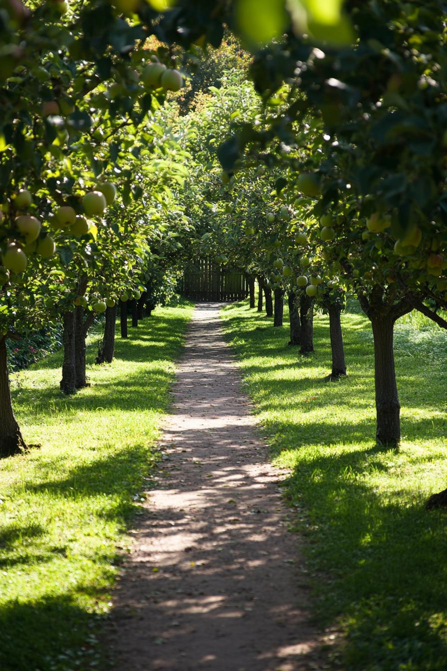 garden orchard with a paved path in the middle leading to a gate apple trees lining the path