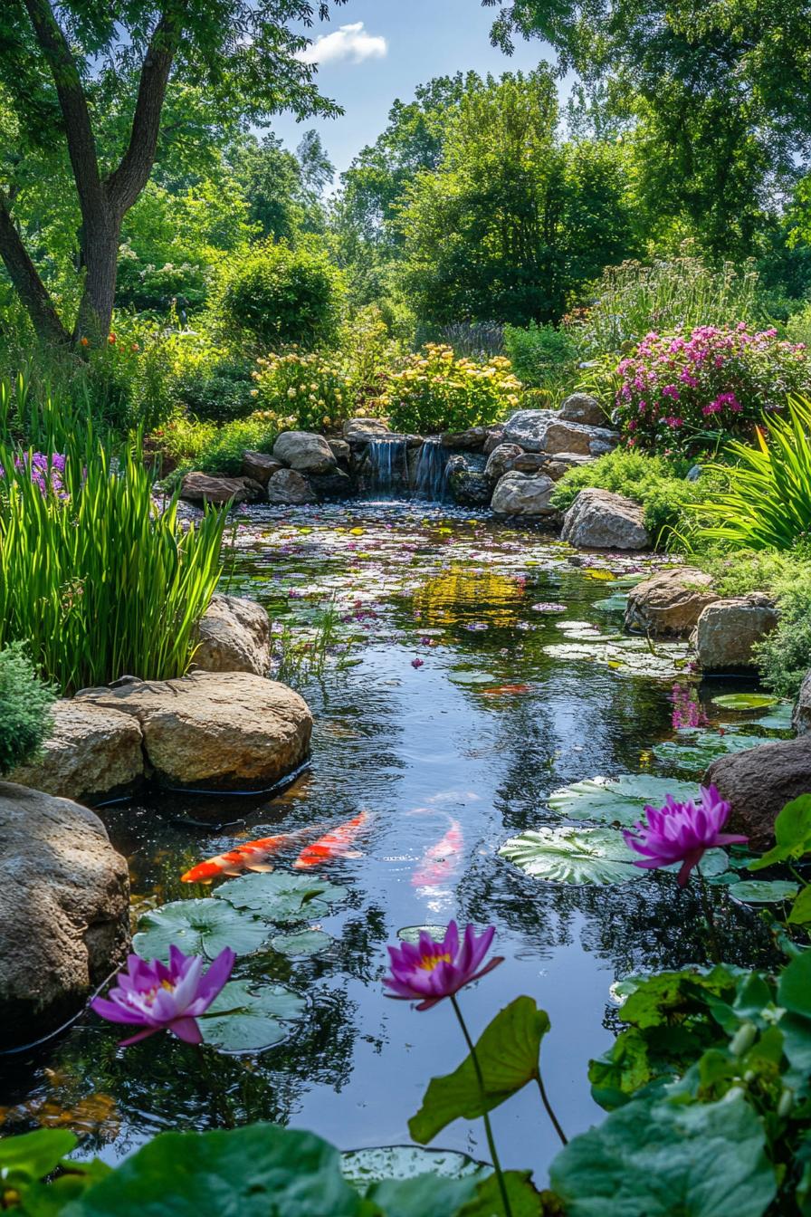 lush garden with a koi pond bordered with boulders the pond has water lillies and water flowers there are lush bushes and flower bushes in the 1