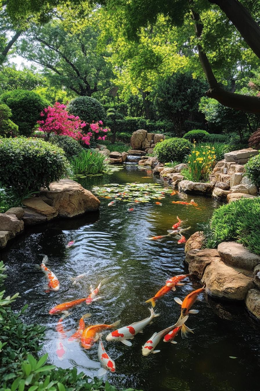 lush garden with a koi pond bordered with boulders the pond has water lillies and water flowers there are lush bushes and flower bushes in the