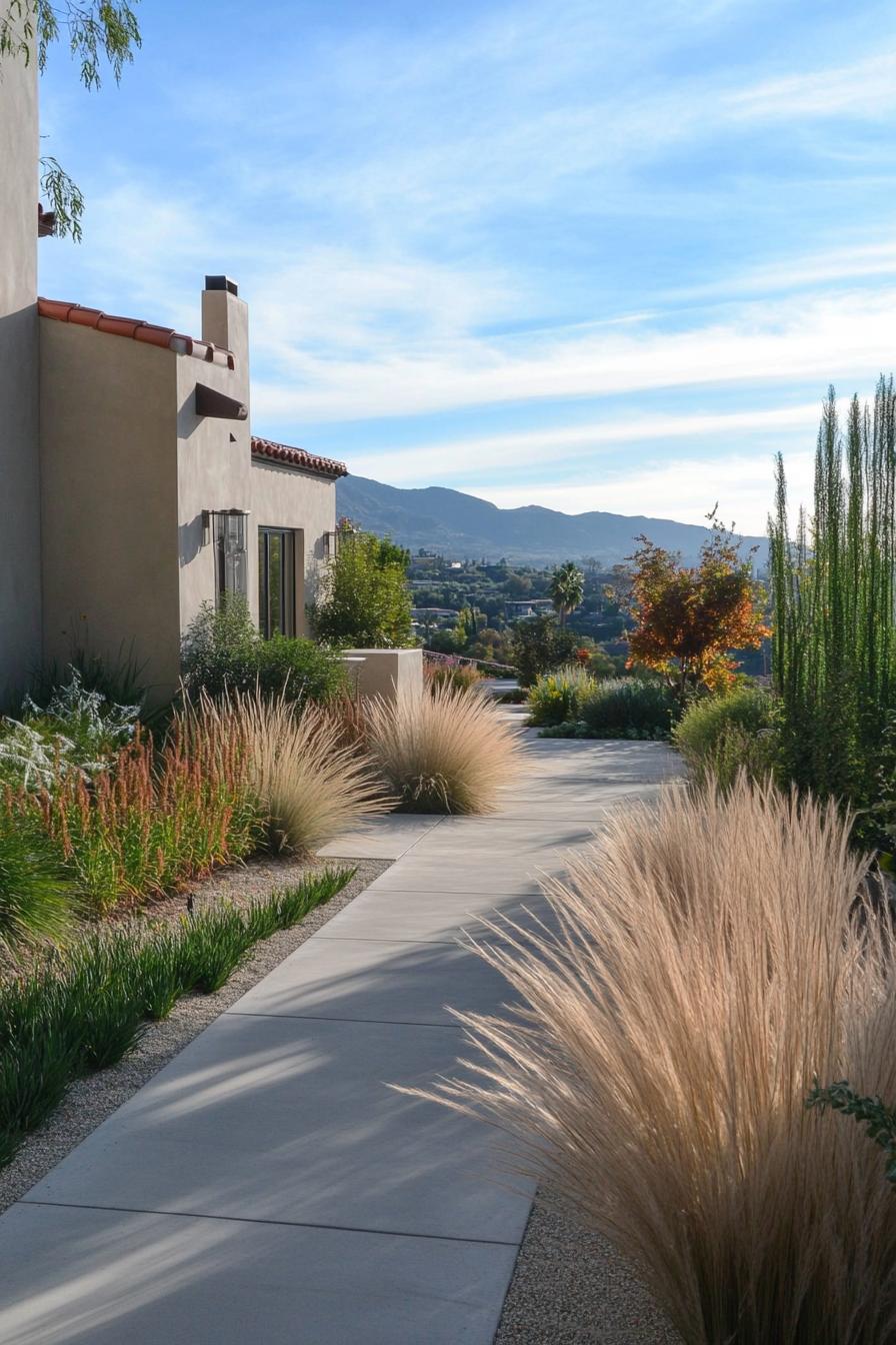 mediterranean yard with concrete paving ornamental grasses concrete fence wall 1