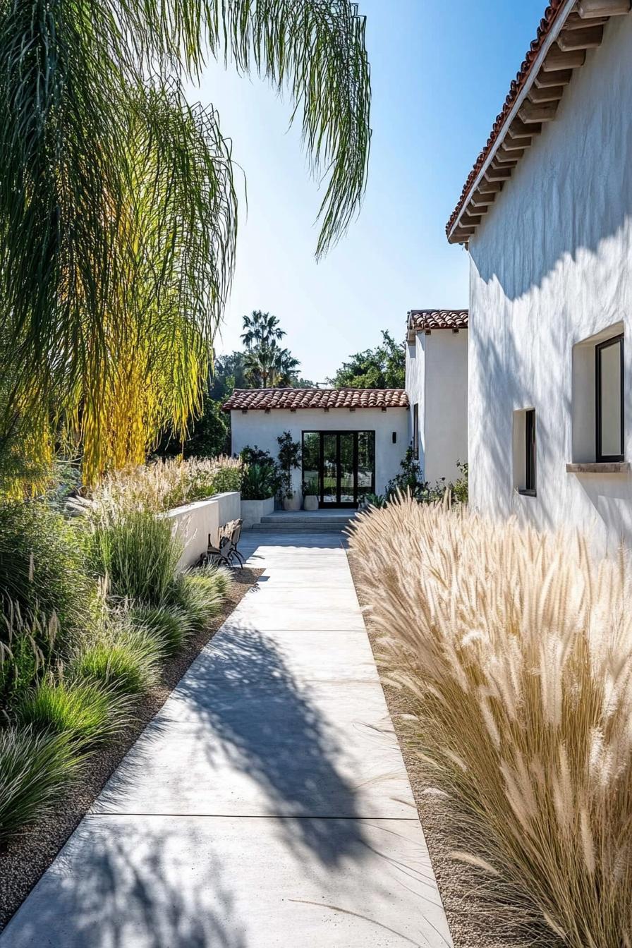 mediterranean yard with concrete paving ornamental grasses concrete fence wall 3