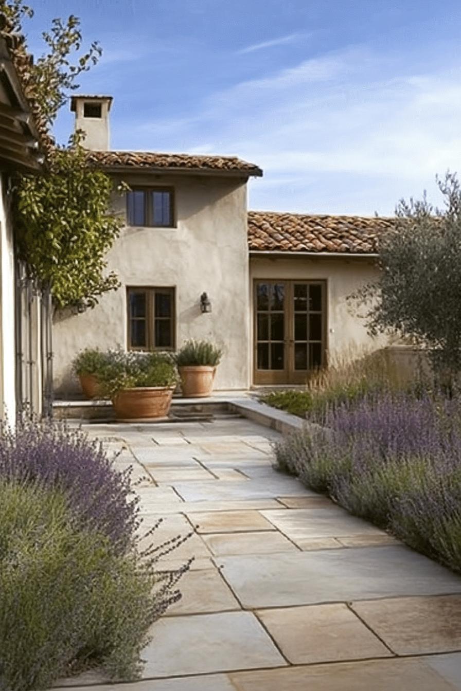 mediterranean yard with concrete paving ornamental grasses concrete fence wall