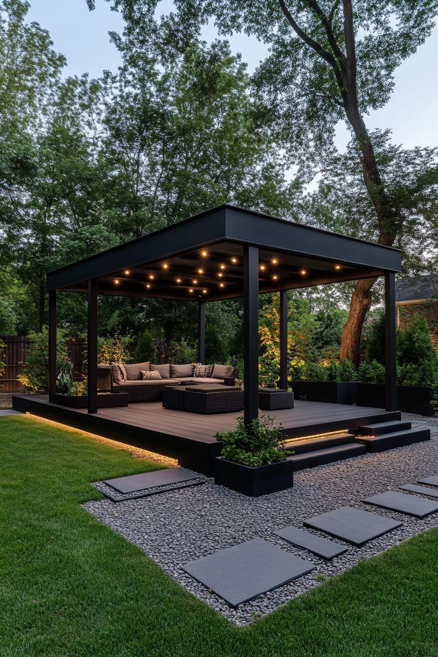 modern backyard gazebo made of black steel with large columns and flat roof the roof has ceilings with LED recessed lighting gazebo has glass walls 1