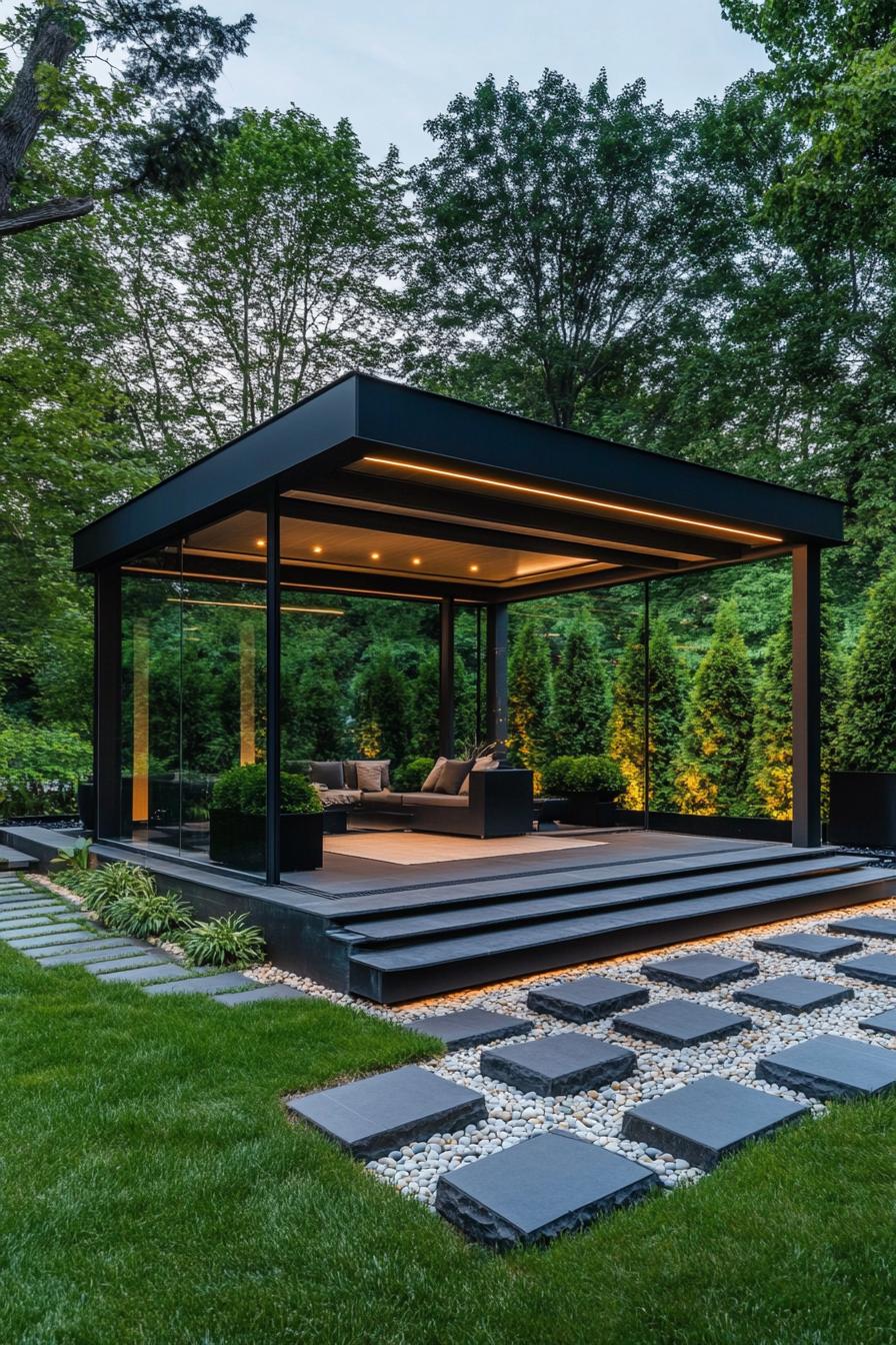 modern backyard gazebo made of black steel with large columns and flat roof the roof has ceilings with LED recessed lighting gazebo has glass walls 2