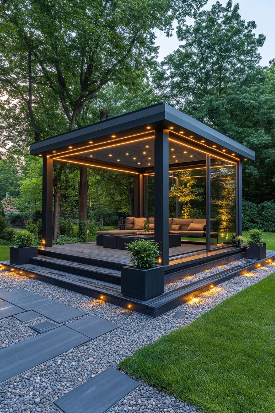 modern backyard gazebo made of black steel with large columns and flat roof the roof has ceilings with LED recessed lighting gazebo has glass walls 3