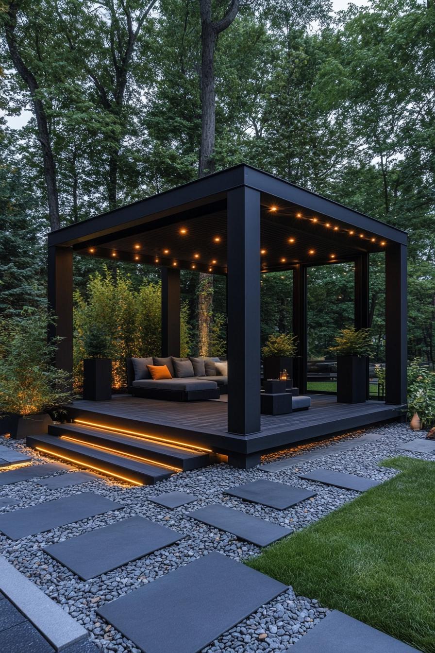 modern backyard gazebo made of black steel with large columns and flat roof the roof has ceilings with LED recessed lighting gazebo has glass walls