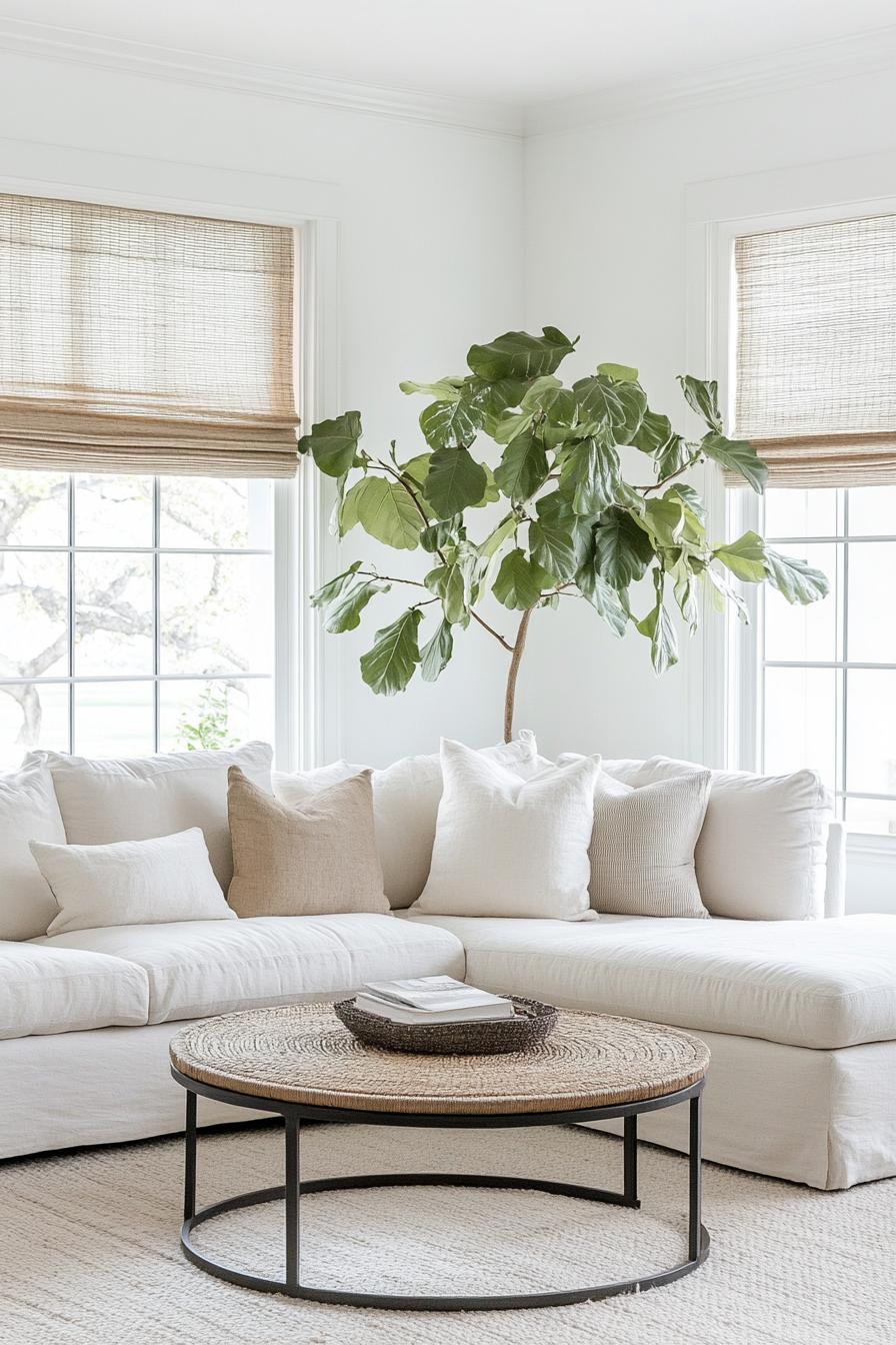 modern famrhouse living room with white walls and ceiling creamy sectional sofa large round coffee table with metal frame and wooden tabletop large 1