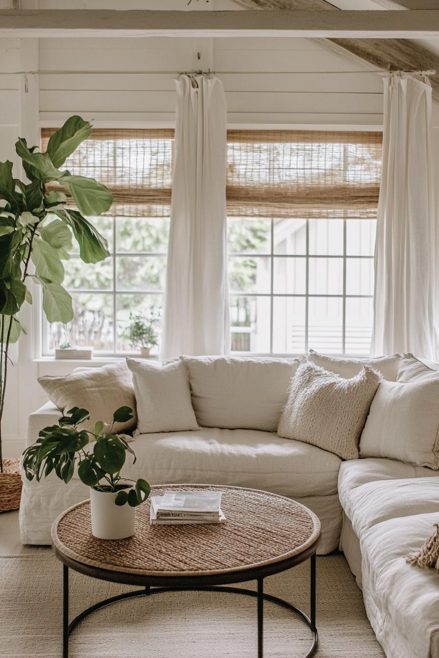 modern famrhouse living room with white walls and ceiling creamy sectional sofa large round coffee table with metal frame and wooden tabletop large