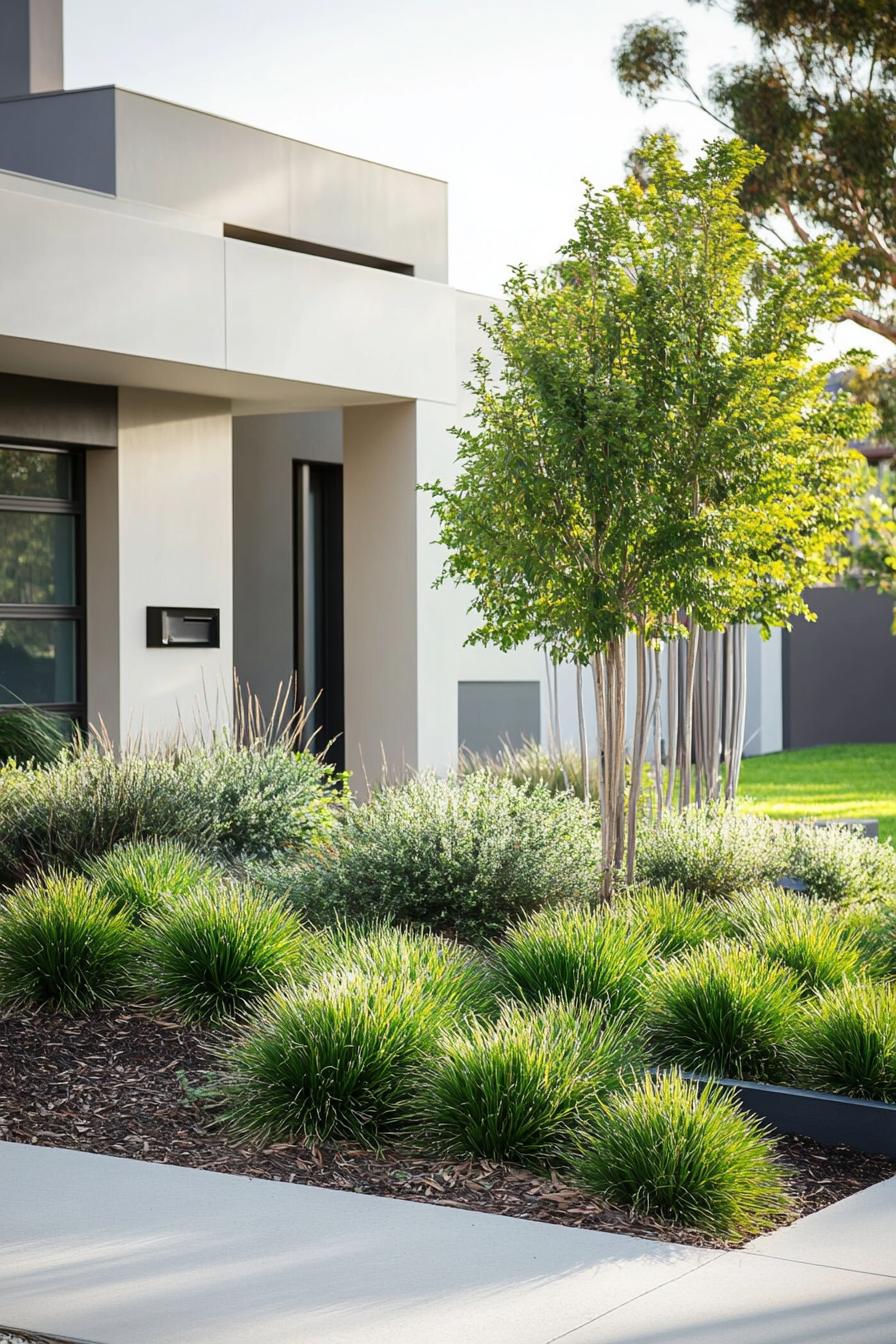 modern house front yard with bush hedges and ornamental plants 2