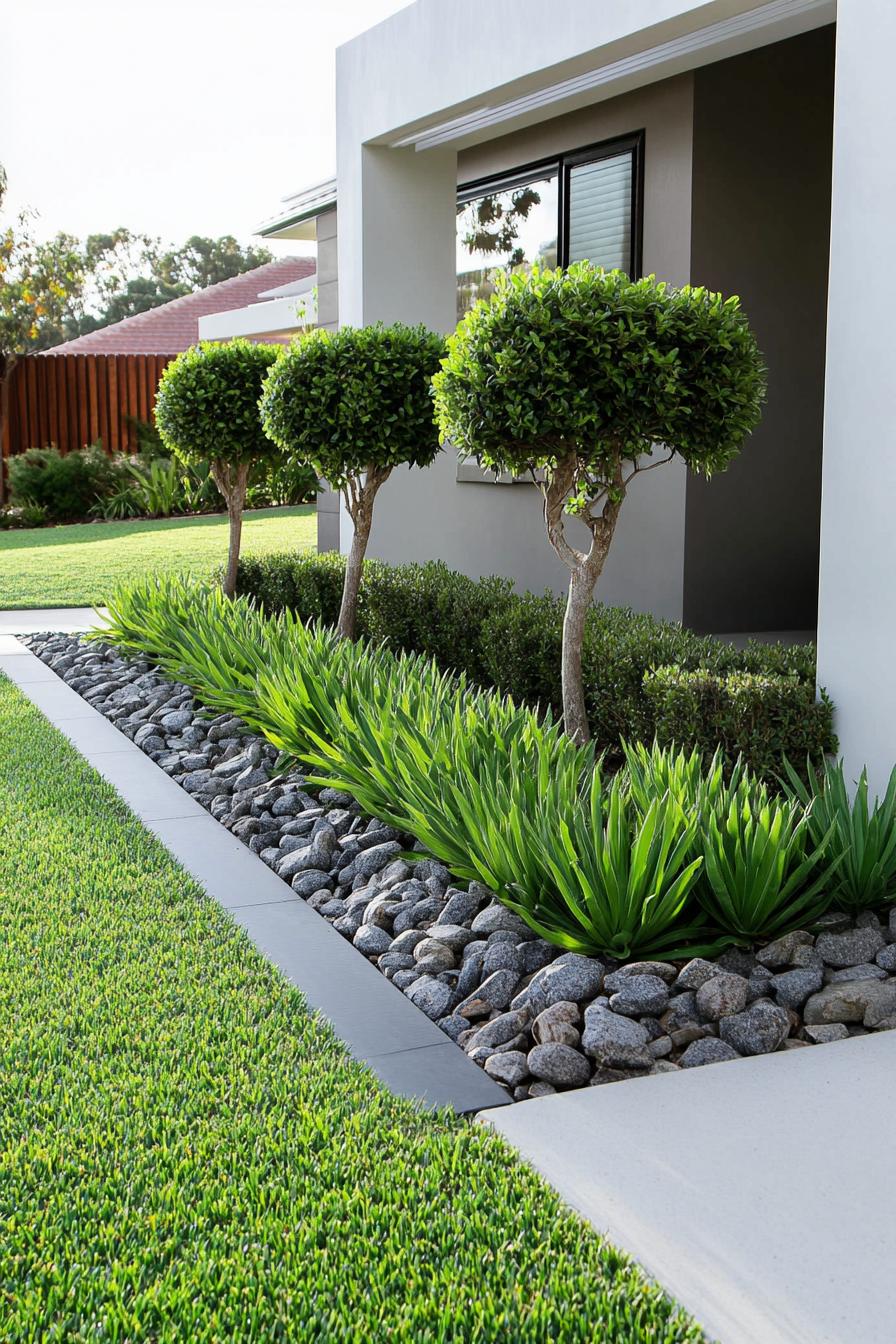 modern house front yard with bush hedges and ornamental plants 3