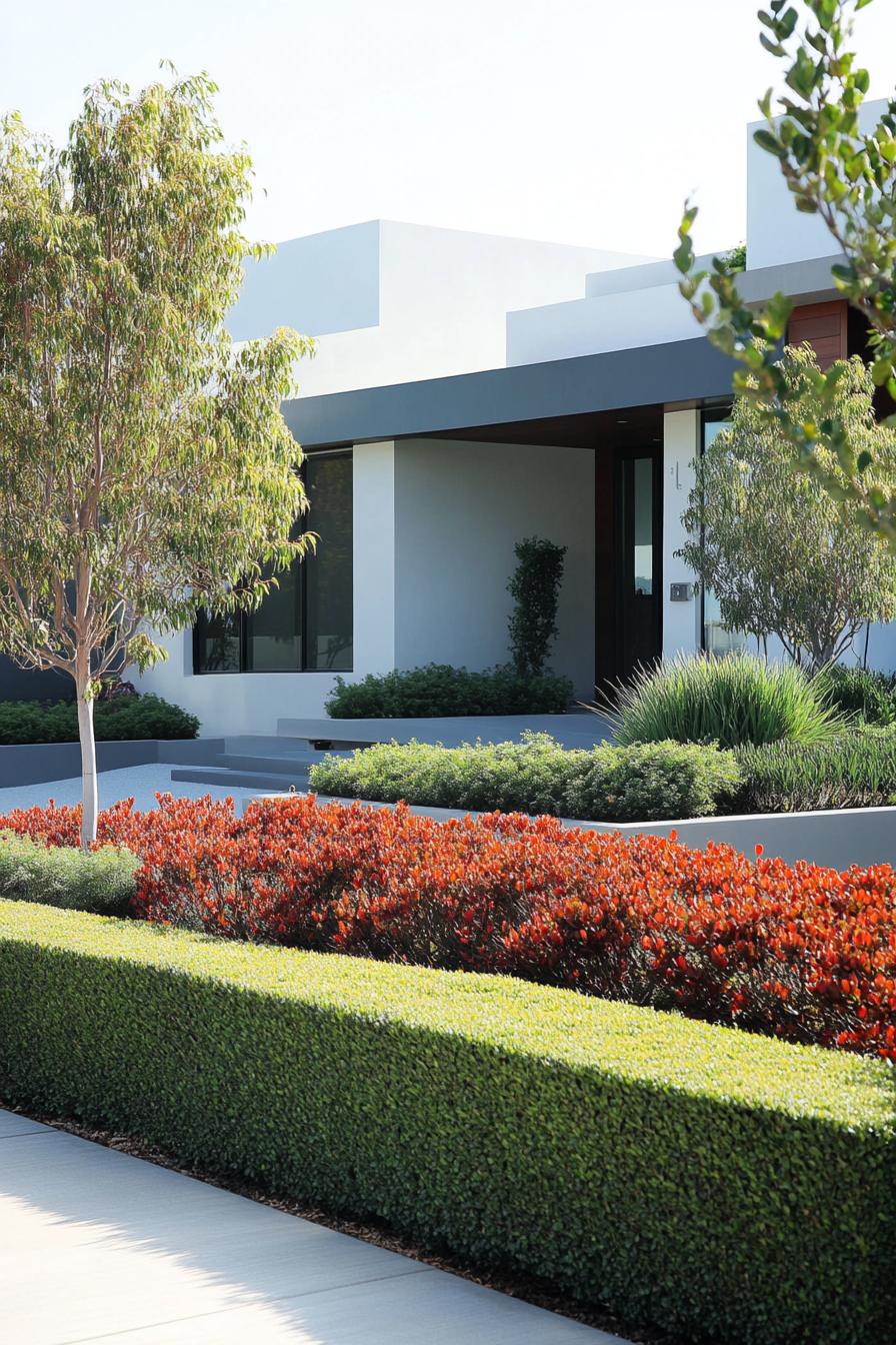 modern house front yard with bush hedges and ornamental plants