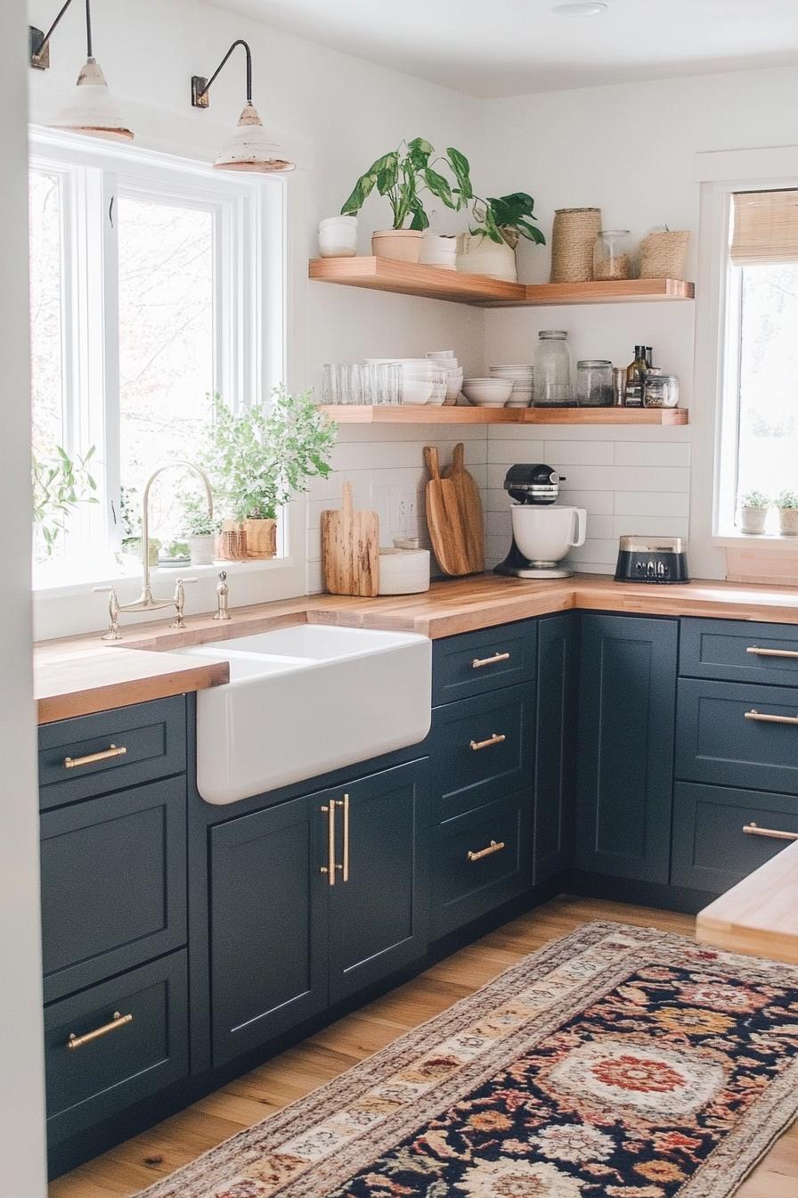 modern kitchen with Benjamin Moore Smoke shade of blue cabinets with natural wood countertops and wooden open shelves white apron sink area rug on