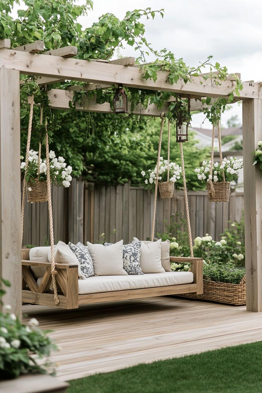 natural wood pergola over coblestone deck hanging from ropes a wooden loveseat with throw pillows planters with white flowers lanterns hanging from 1