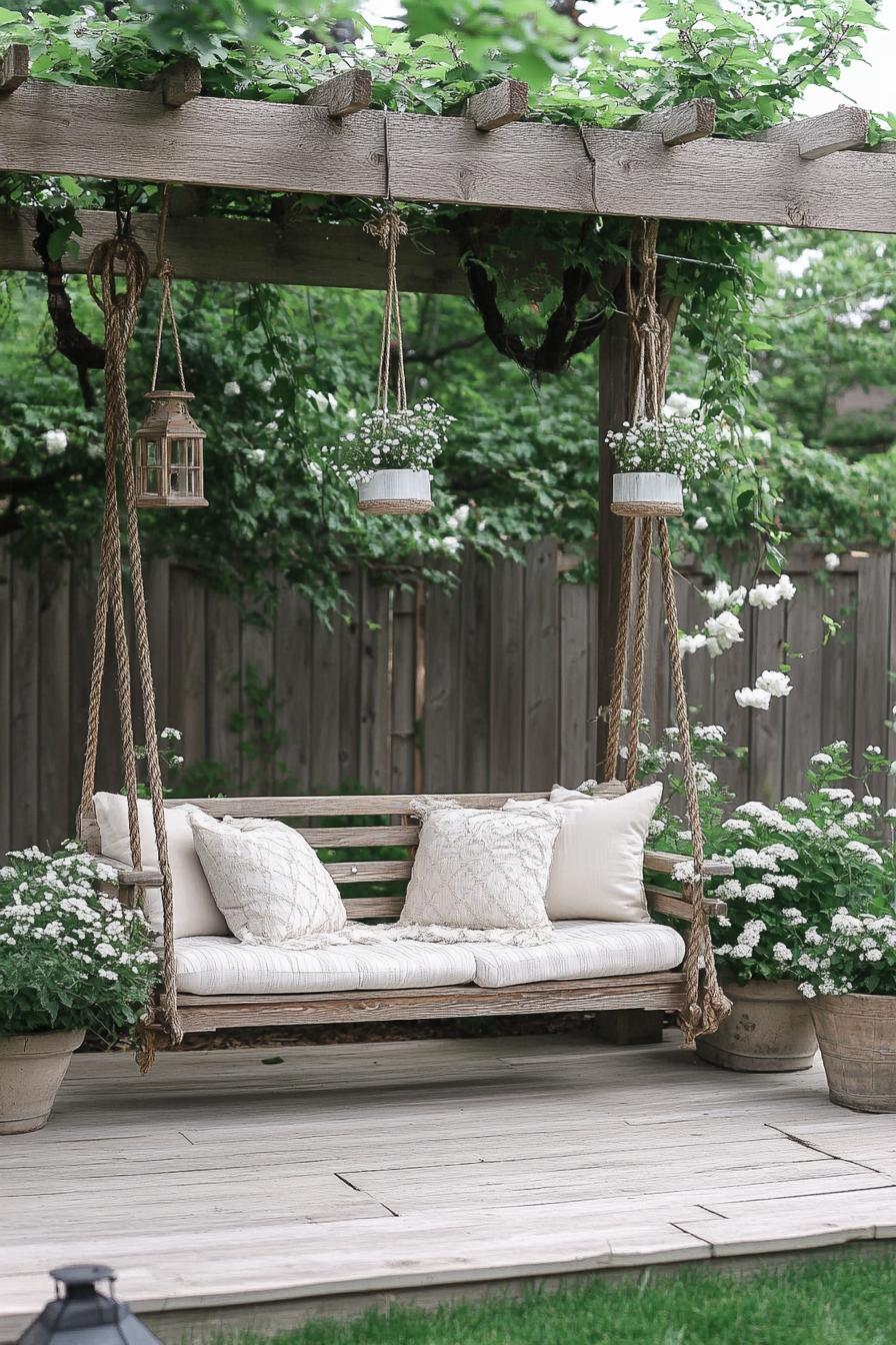 natural wood pergola over coblestone deck hanging from ropes a wooden loveseat with throw pillows planters with white flowers lanterns hanging from 2