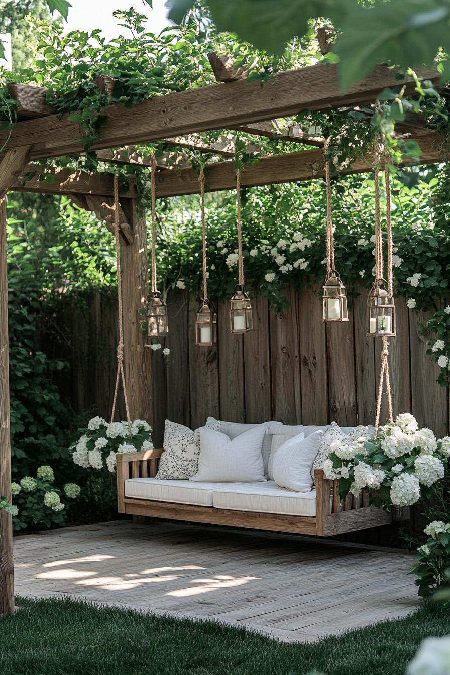 natural wood pergola over coblestone deck hanging from ropes a wooden loveseat with throw pillows planters with white flowers lanterns hanging from 3