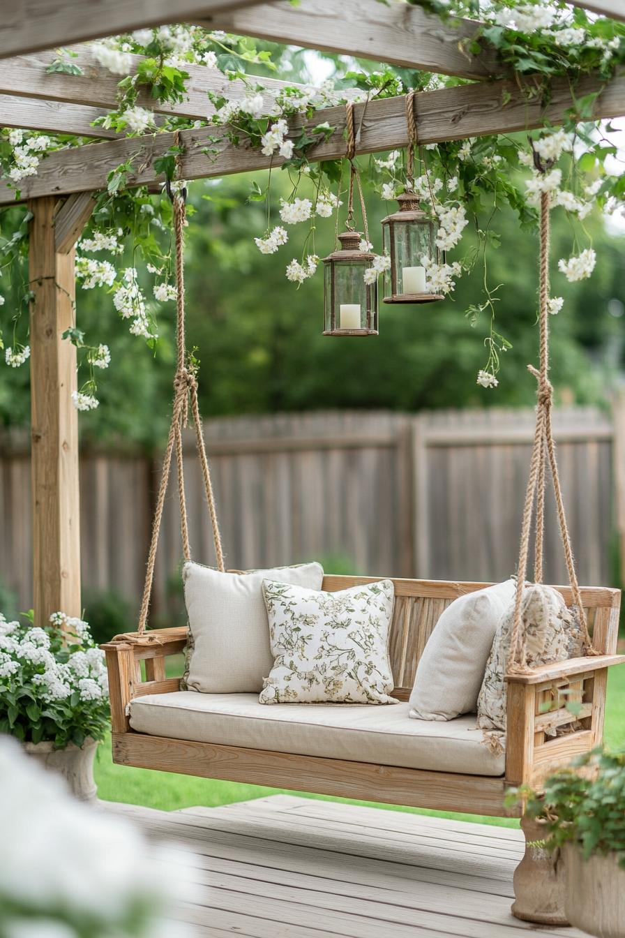 natural wood pergola over coblestone deck hanging from ropes a wooden loveseat with throw pillows planters with white flowers lanterns hanging from