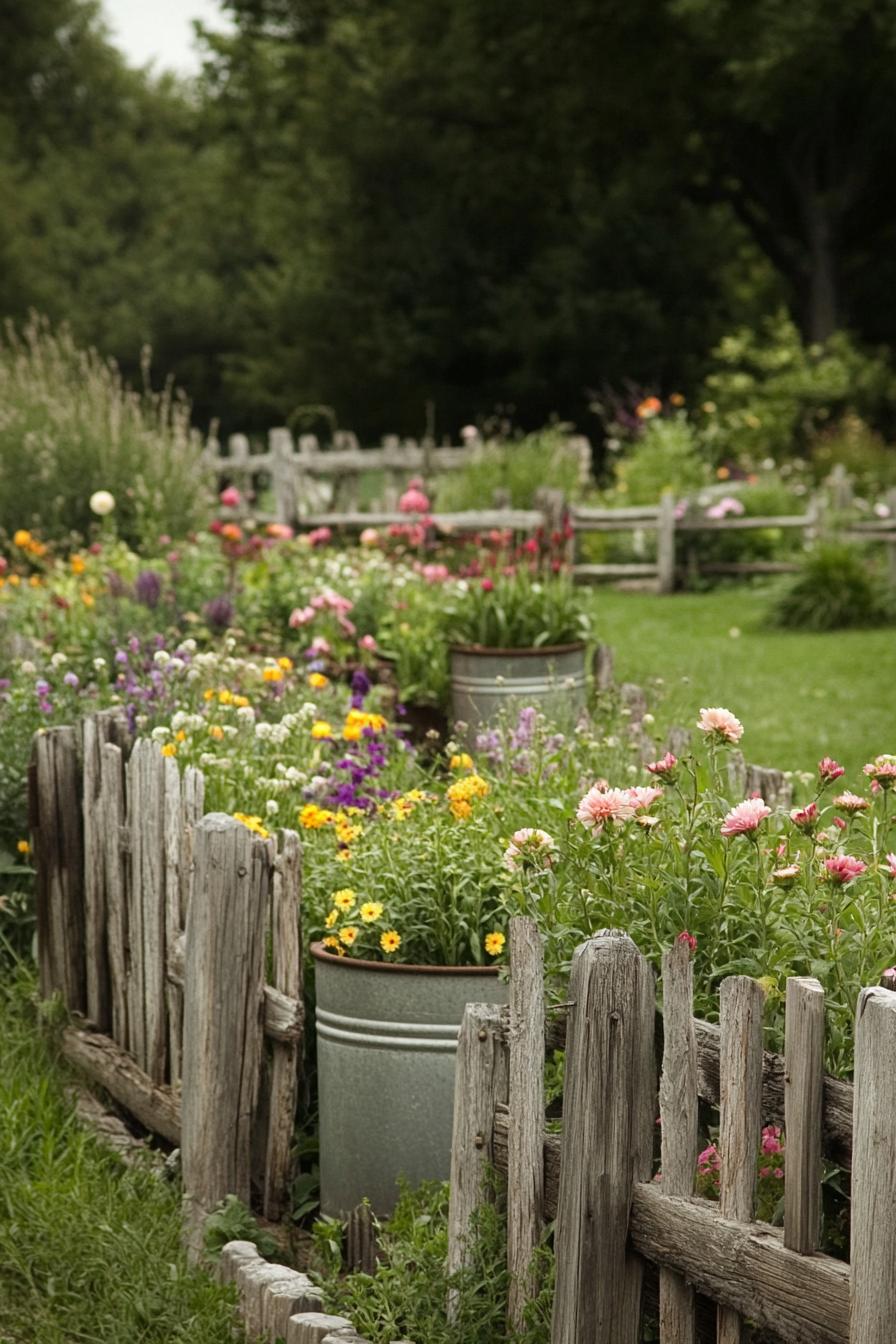 rustic country garden with wooden fences flower bushes flower planters in galvanized pots tall grass and young trees in the background 1