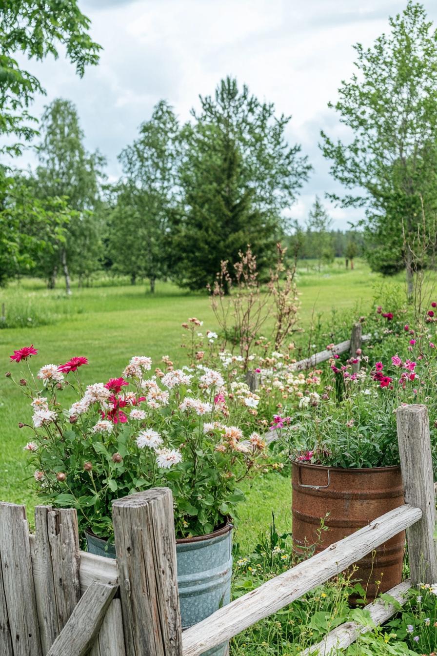 rustic country garden with wooden fences flower bushes flower planters in galvanized pots tall grass and young trees in the background