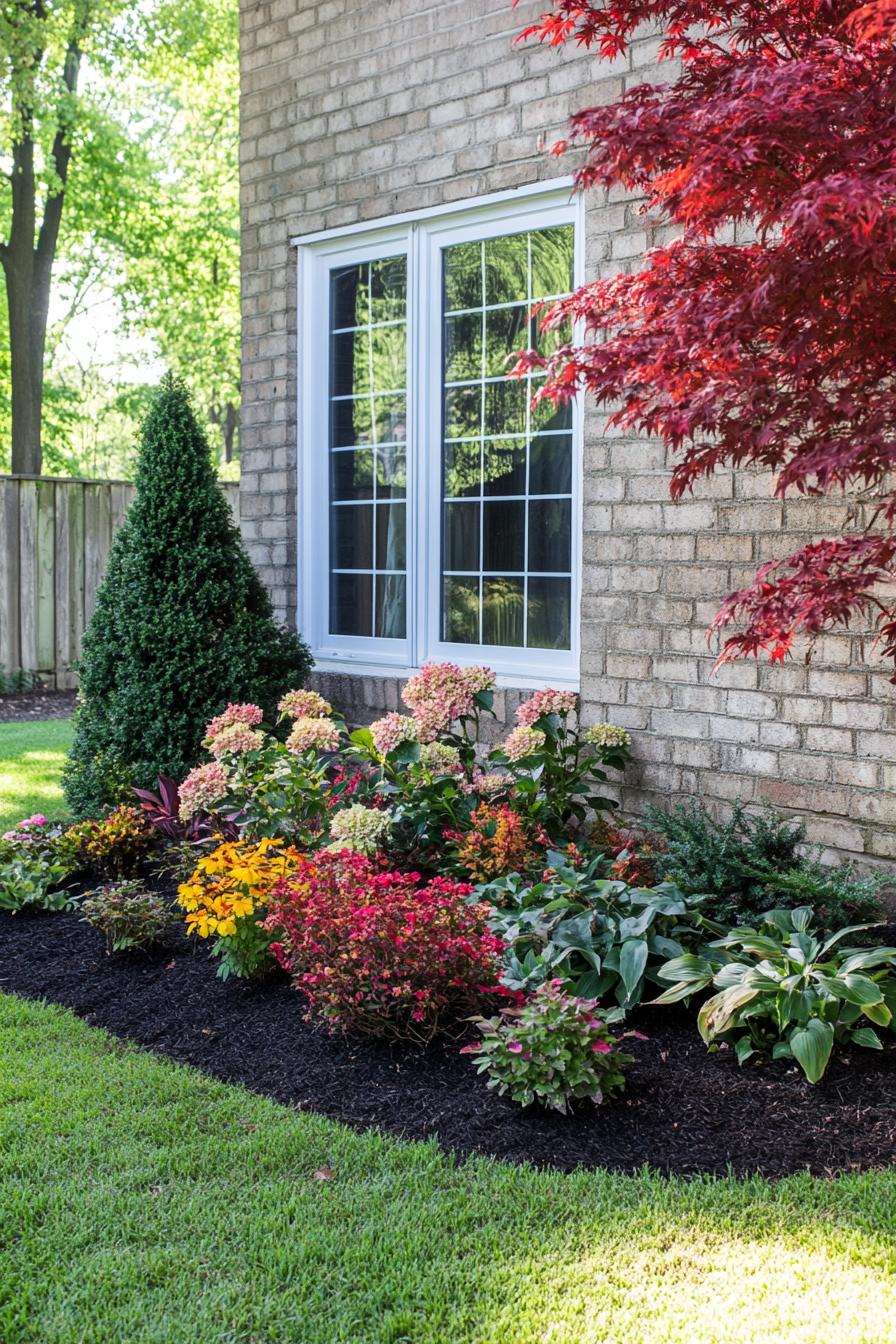 small flower garden in front of a brick cottage wall with large white window the garden is in a patch of dark mulch in green lawn it includes 1