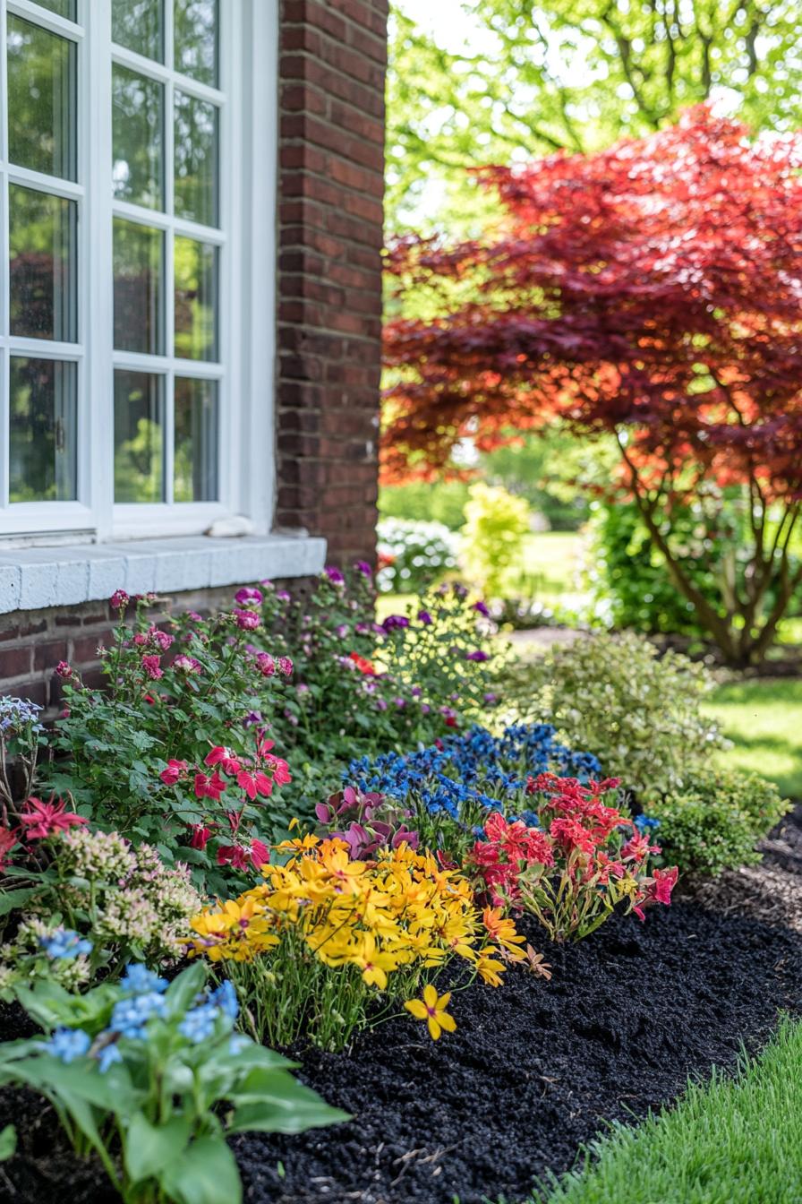 small flower garden in front of a brick cottage wall with large white window the garden is in a patch of dark mulch in green lawn it includes 2