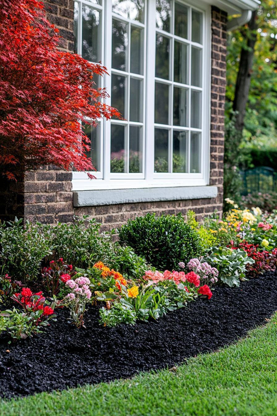 small flower garden in front of a brick cottage wall with large white window the garden is in a patch of dark mulch in green lawn it includes 3